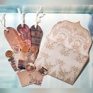 😀 HAND CRAFTED Paper lace pattern envelope with tags bookmarks ephemera
